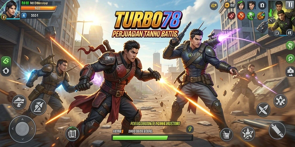 Screenshot utama TURBO78 menampilkan aksi pertempuran yang intens dan mendebarkan.